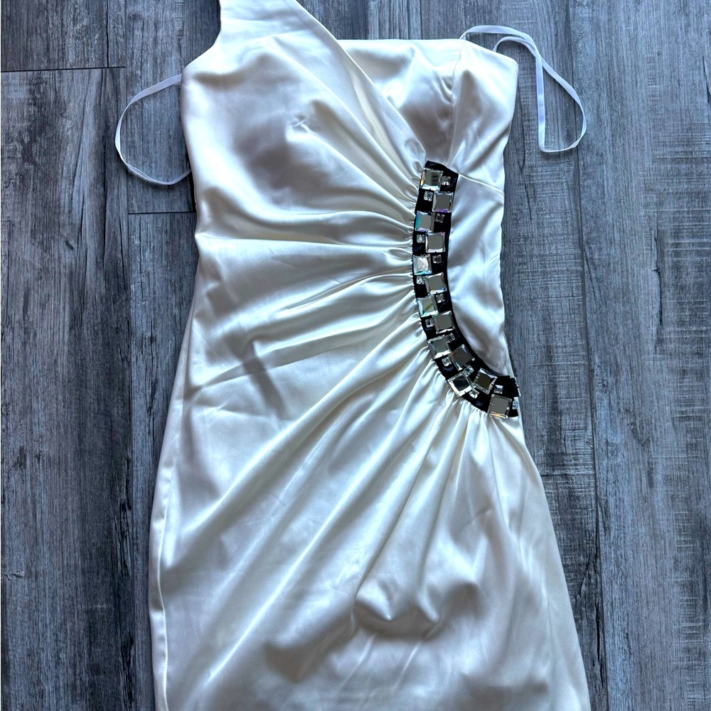 Satin Effect White One-Shoulder Mini Dress w/ mirror rhinestone pattern - Size 4